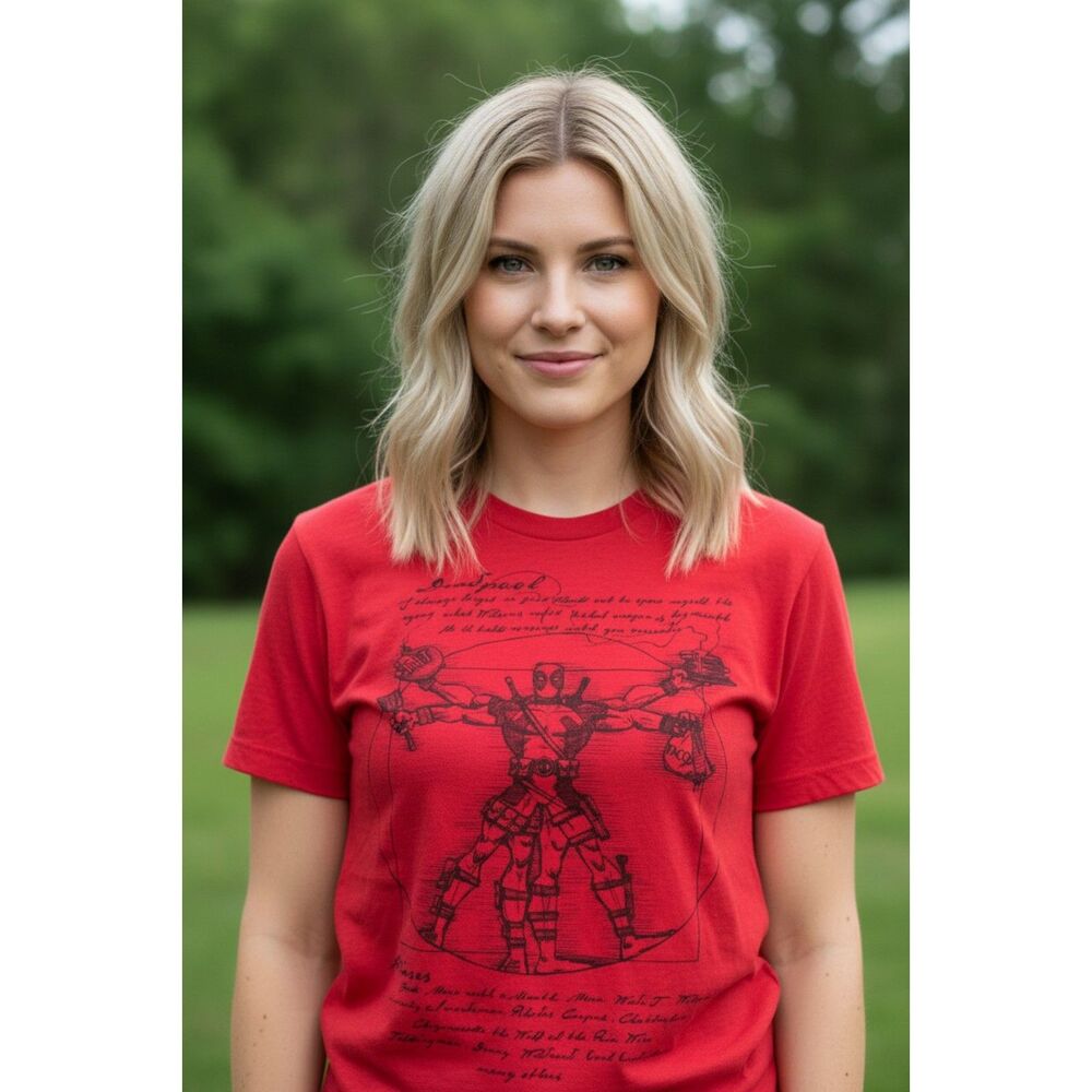 Marvel Comics Deadpool Leonardo Davinci Graphic Logo Women's T-Shirt Size XS Tee